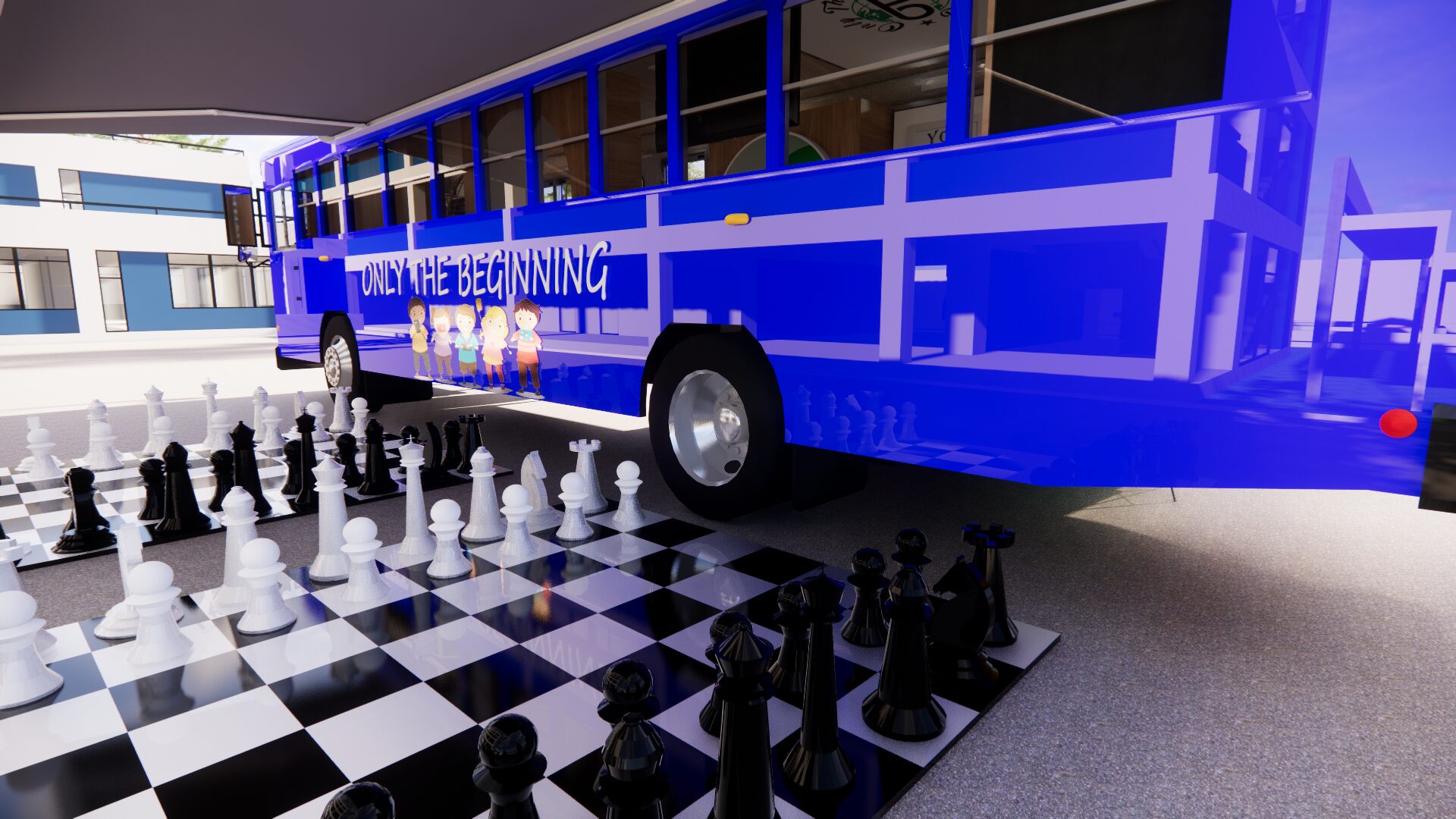 Closeup shot of blue color bus with chess board print floor